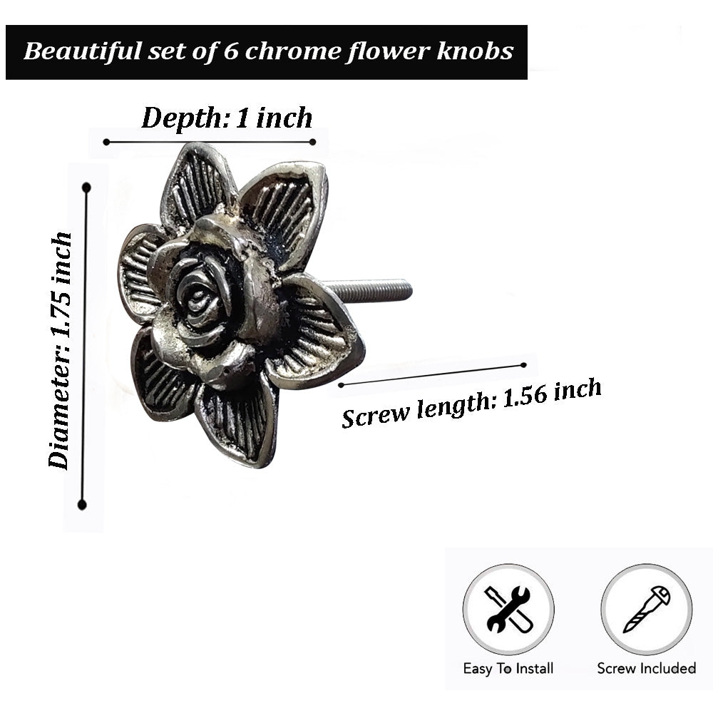 Perilla Home Set of 6 Floral Silver Metal Knobs Pull And Push For Handles Cabinet Door Home Interior Decorative Knobs for Home Kitchen Cupboard Bedroom Dresser Wardrobe Drawer Pulls