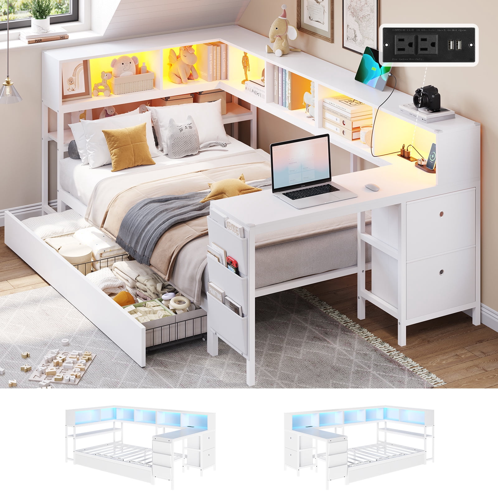 Twin Size Corner Bed Frame with Desk,Charging Station and Bookcase Storage,Twin Daybed with Storage Drawers and Led Lights, Metal Platform Bed Frame with Open Shelves,White