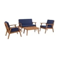 thumbnail image 1 of Linon Cooper Outdoor 4 Piece Wood Chat Set with Blue Cushions in Walnut Finish, 1 of 28