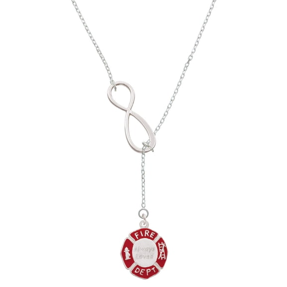 Delight Jewelry Silvertone Red Always Loved Fire Department Shield Silver tone Elegant Infinity Lariat Necklace