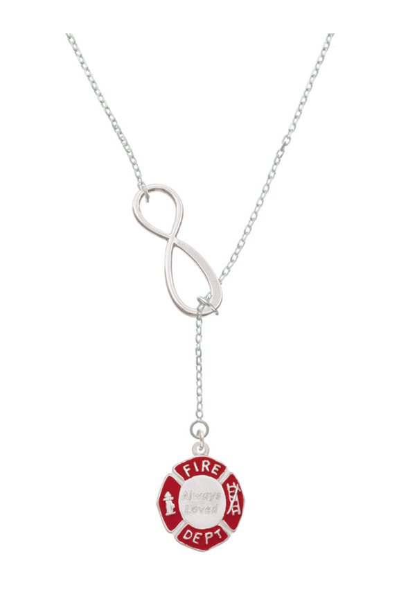 Silvertone Red Always Loved Fire Department Shield Silver tone Elegant Infinity Lariat Necklace