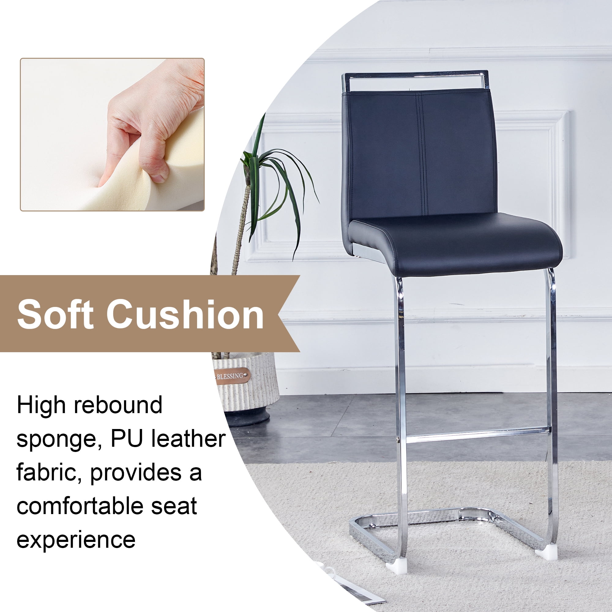 Bar Stools Set of 6, PU Leather Bar Stools 42.5 Inch High with C-Shaped Silver Metal Legs, Counter Height Stools for Kitchen Island, Home Bar, Dining Room and Terrace, Modern Bar Chairs
