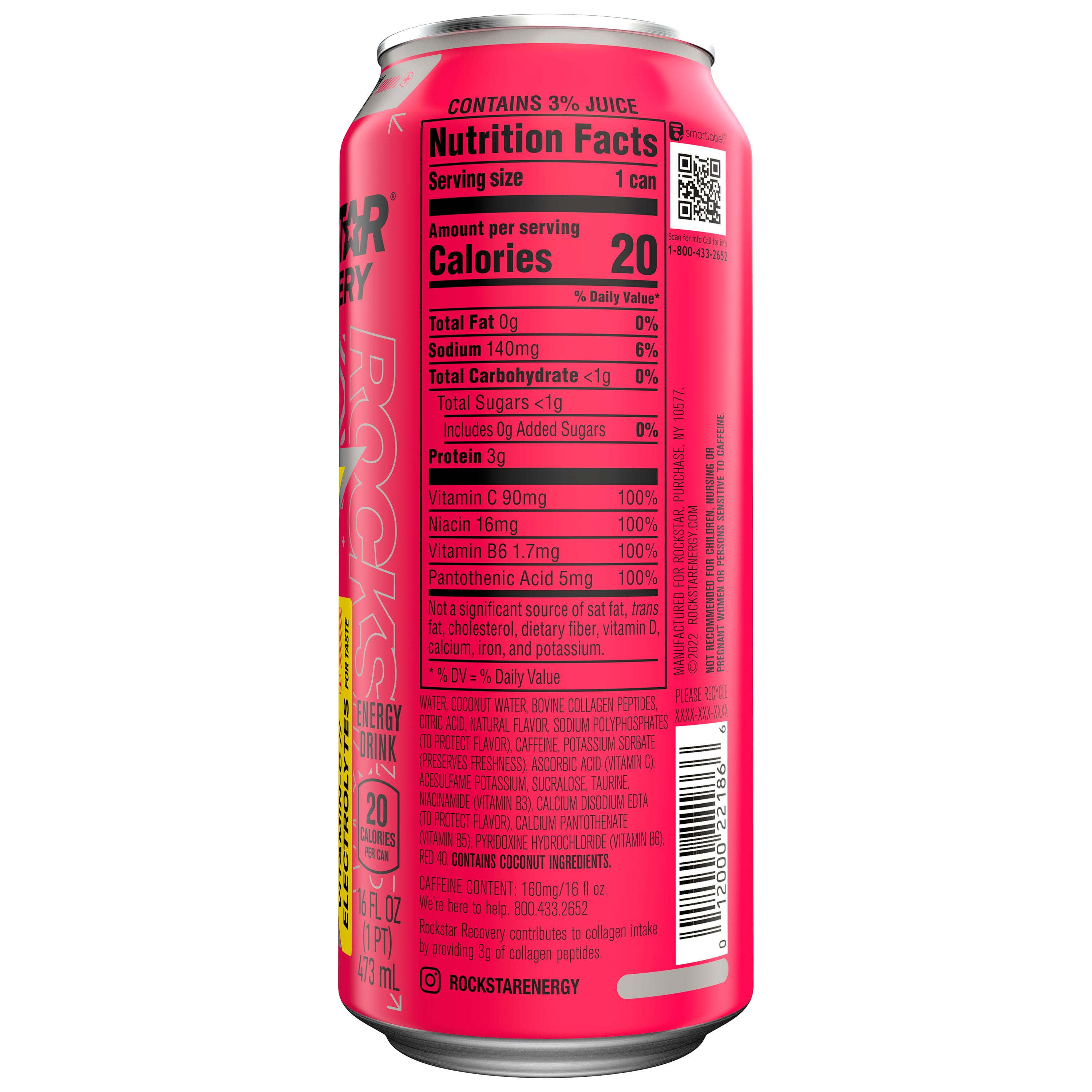 Rockstar Energy Drink, Recovery Strawberry Lemonade, 16 oz, 12 pack