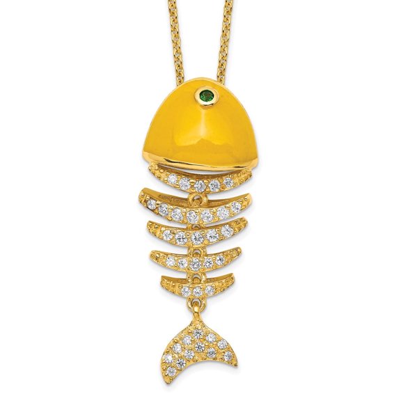Auriga Fine Jewelry 925 Sterling Silver Gold-pltd Yellow Enamel CZ Fish Skeleton Necklace 16 2in extention for Women