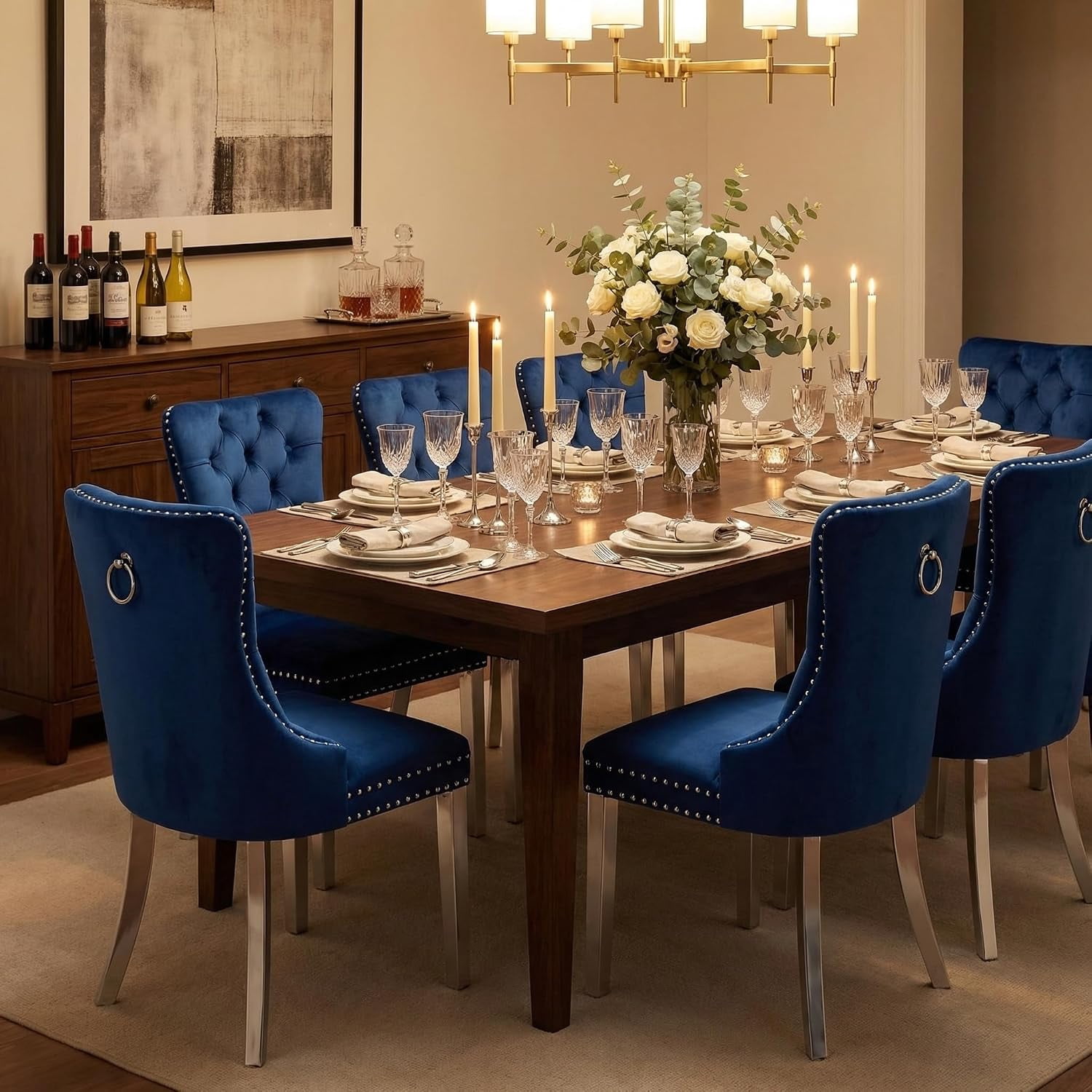Collection Tufted Velvet Dining Chair, Nailhead Trim, Solid Wood Legs, Set of 2
