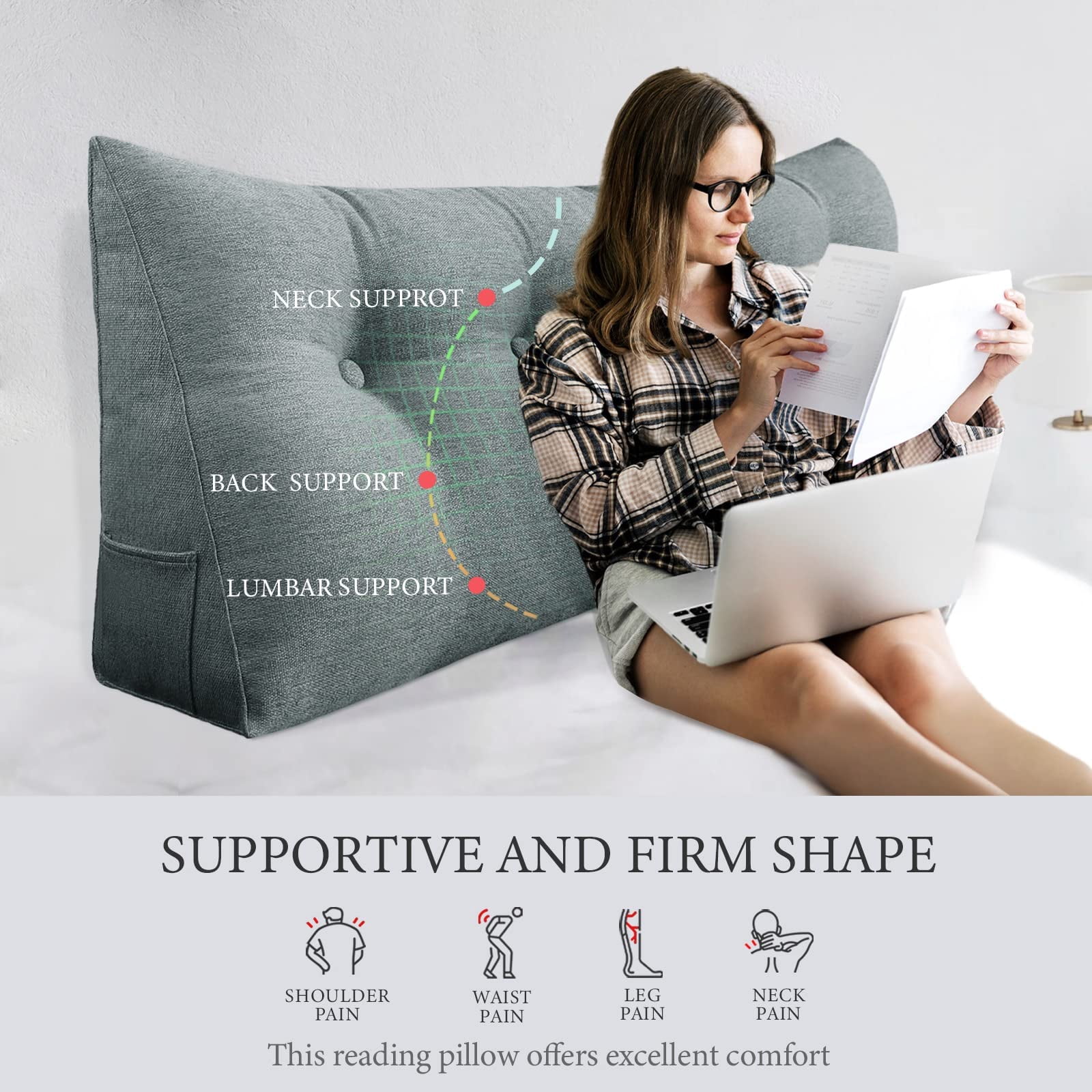 Daybed Triangle Wedge Pillow Queen Size, Headboard Bolster for Back Support, Large Reading Cushion, Sitting Up Pillow, XXL Sofa Rest, Linen Gray