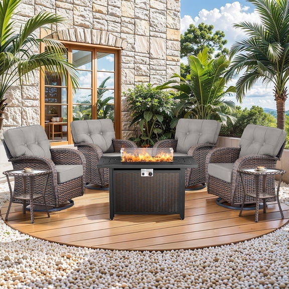 Gymojoy 7-Pieces Outdoor Patio Furniture Set with 50,000 BTU Fire Pit Table,PE Wicker Rattan Swivel Glider Arm Chair Set, Patio Conversation Sets with 5 inch Cushions