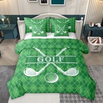 Homewish Cartoon Golf Lover Twin Bedding Sets 7-Piece, Modern Sports Player Bedding Comforter Set, Green Checkered Plaid Reversible Sheet Sets, Lightweight Room Decor