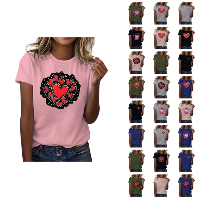 T-shirts de la Saint-Valentin pour Femmes 2026 à Manches Courtes Col Rond avec Cœur Graphique