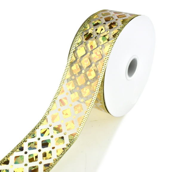 Embossed Diamonds Sheer Wired Ribbon, 1-1/2-Inch, 10-Yard (Gold)