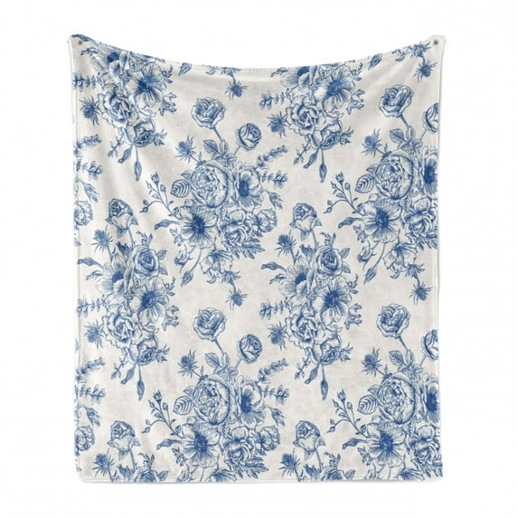 Anemone Flower Soft Flannel Fleece Blanket, Floral Pattern with Bouquet of Blue Flowers Delicate Victorian Design, Cozy Plush for Indoor and Outdoor Use, 70" x 90", Night Blue White, by Ambesonne