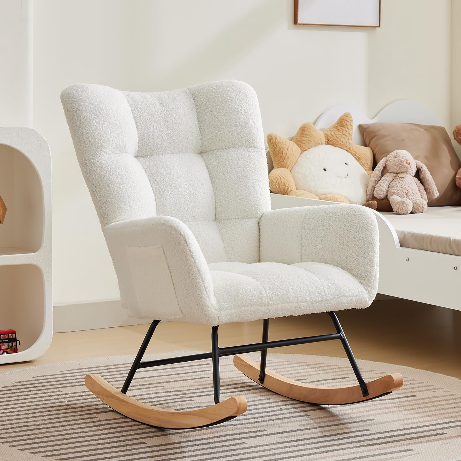 300Lbs Load-Bearing Nursery Glider Rocking Chair, Teddy Upholstered, High Backrest & Armrests, Side Pockets, Padded Seat, High Backrest, Armrests, Metal Legs & Wood Base for Living Room, Bedroom