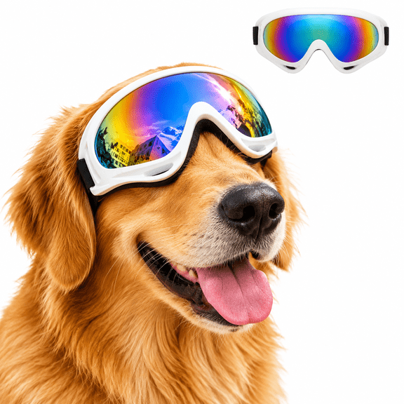 GlamourGaze Dog Goggles Sunglasses Waterproof Adjustable Strap for Medium to Large Dogs Silver with 1 Cleaning Cloth 30x30cm