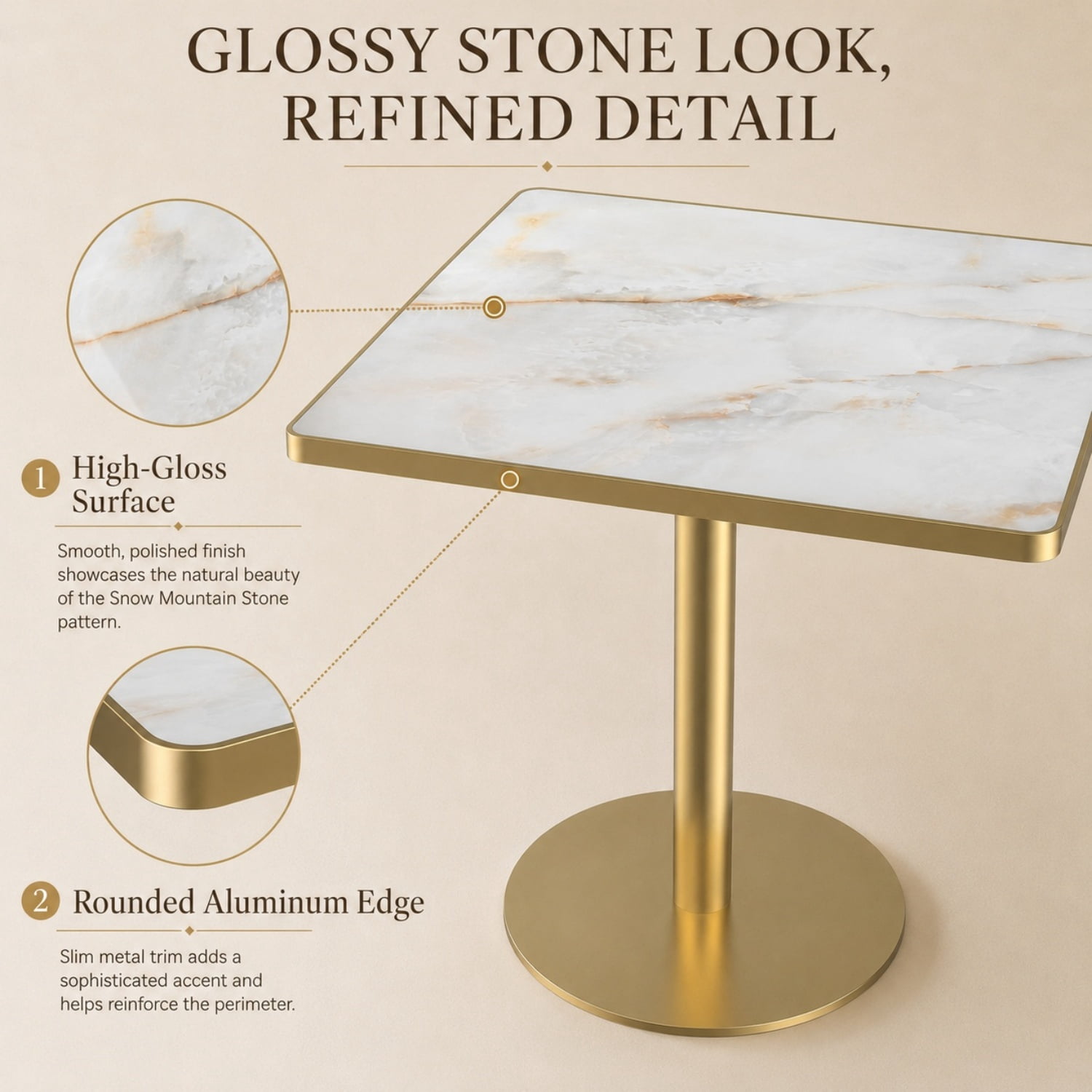Miniyam 31.5 in Square Dining Table, Glossy Marble-Look Small Kitchen Table with Titanium Gold Feet, White Gold Vein