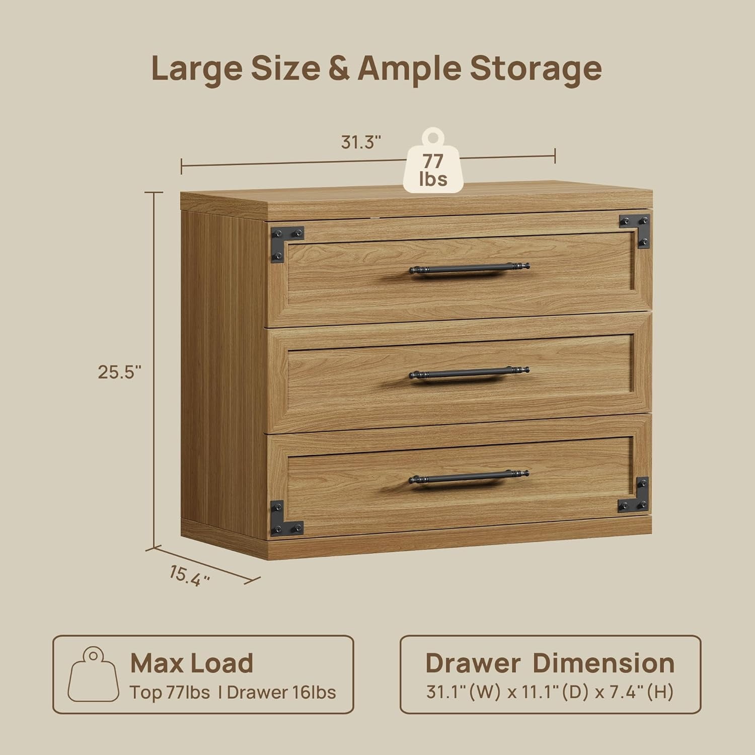 SICOTAS 31.3" Wide Farmhouse 3 Drawer Nightstand Set of 2, Oversized Bedside Table with Black Handles, Dresser Nightstand with Large & Deep Drawers, Wood End Table for Bedroom, Living Room, Brown