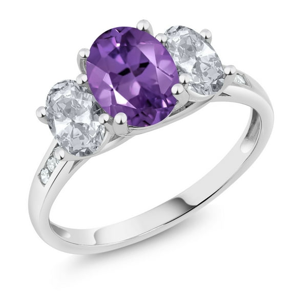 Gem Stone King 10K White Gold Purple Amethyst White Topaz and White Diamond 3-Stone Engagement Ring for Women | 2.00 Cttw | Gemstone Birthstone | Available in Size 5, 6, 7, 8, 9