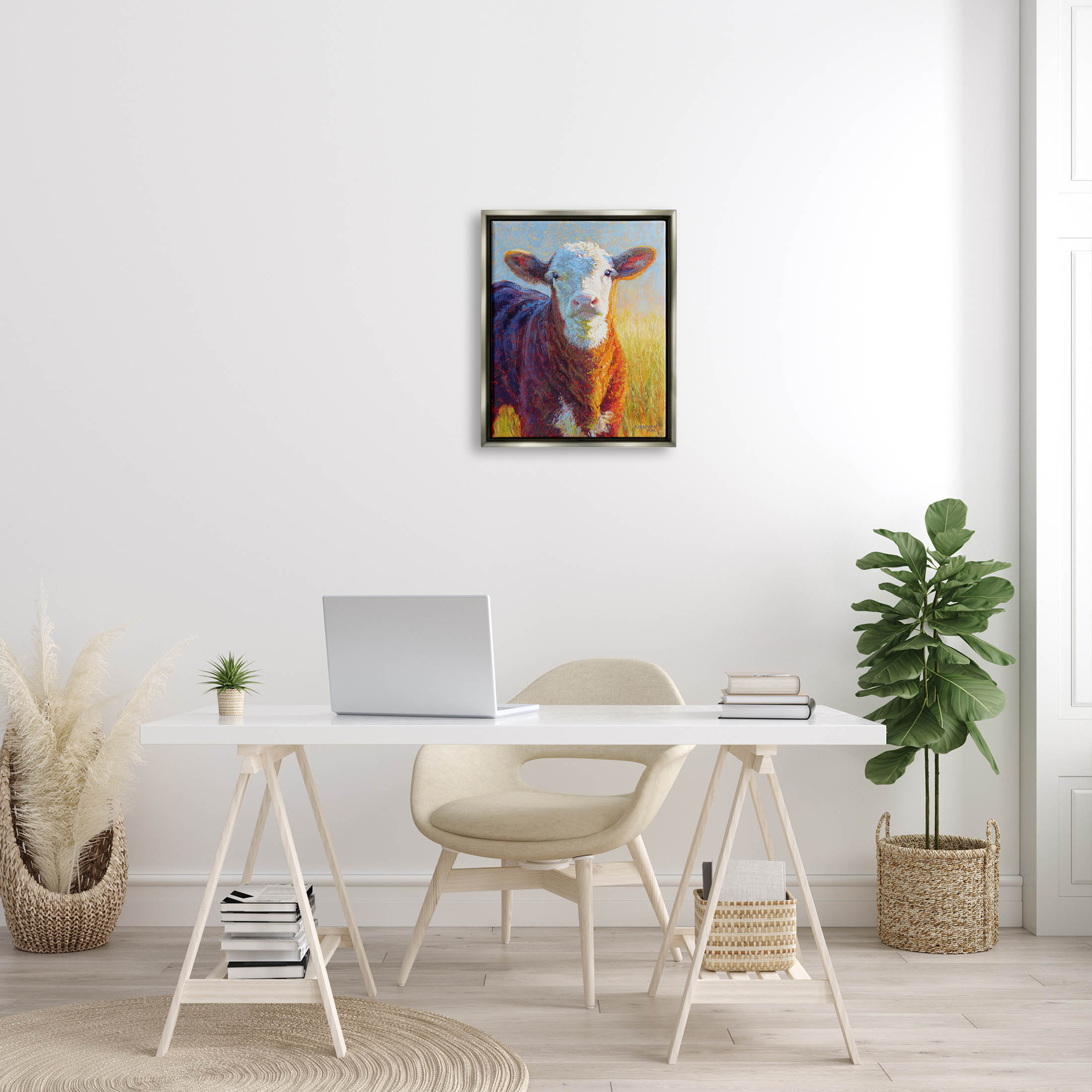 Happy Cow Farmhouse Grassland Animals & Insects Painting Luster Gray Framed Art Print Wall Art