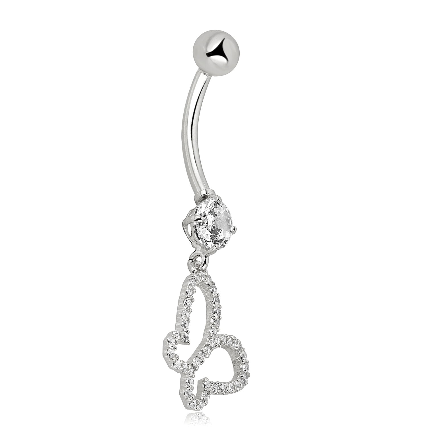 AVORA 10K White Gold Simulated Diamond CZ Dangling Open Butterfly Belly Button Ring Body Jewelry (14 Gauge)