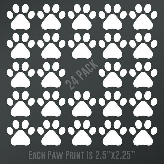 Dog Paw Prints 24-Pack | Each paw 2.5-Inches By 2.25-Inches | White Vinyl
