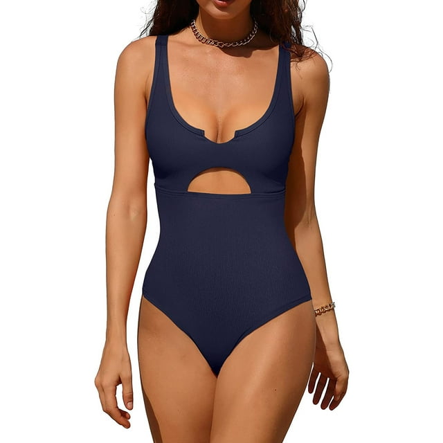Charmo Womens Ribbed One Piece Swimsuits High Cut Padded Monokini Bathing Suit
