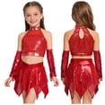 thumbnail image 5 of SiiRoh Kids Girls Shiny Sequins Crop Top with Metallic Skirt with Gloves Cheer Uniform Jazz Latin Dance Outfits Red 16, 5 of 6
