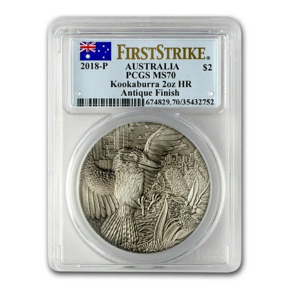 2018 2 oz Silver Kookaburra MS-70 PCGS (FS, HR, Antique Finish)