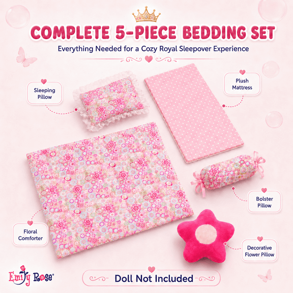 Emily Rose 18 Inch Doll Furniture | 18" Doll Canopy Single Bed with Doll Clothes Storage Drawer | Doll Bed Includes a 5 Piece Colorful Bedding Set | Fits 15" - 18" Dolls