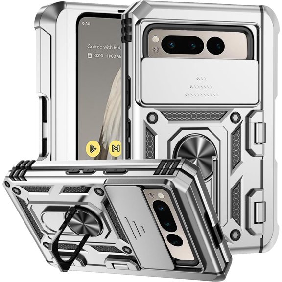for Google Pixel Fold Case Camera Lens Protector Slide Cover Black with Kicktand, Shockproof Google Pixel Fold Phone Case Rugged Shield Heavy Duty with Ring Holder (Silber)