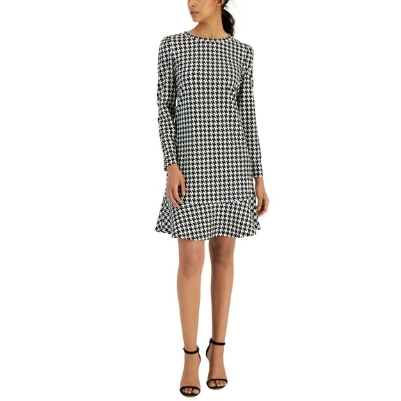 Anne Klein Houndstooth Long Sleeve Ruffle Hem Shift Dress Anne Black/Anne White XL