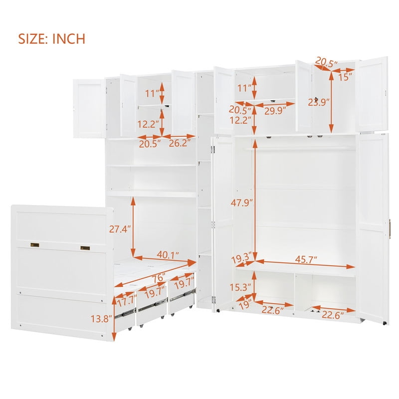 Twin Size Pull Out Murphy Bed with Wardrobe & Shelves, Storage Platform Bed Frame with LED Display Shelves & Overhead Cabinets