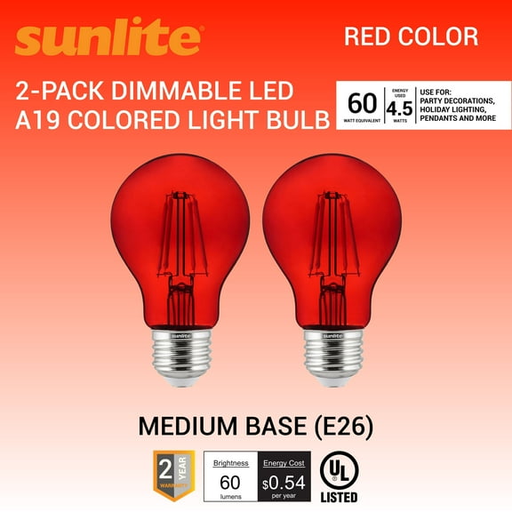 Sunlite LED Filament A19 Red E26 Base 4.5W (60W Equivalent) Dimmable Light Bulb, 2 Count