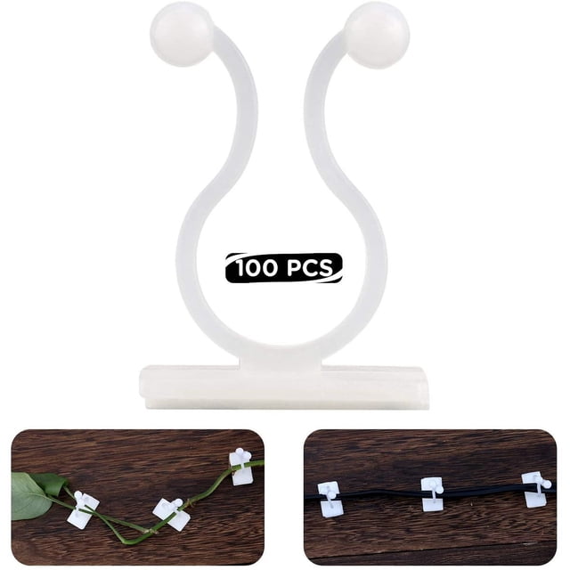 Paquete de 100 clips autoadhesivos para plantas, 3,5 x 2,5 x 1,4 cm, soportes de alambre para organizar los soportes de las plantas, color blanco