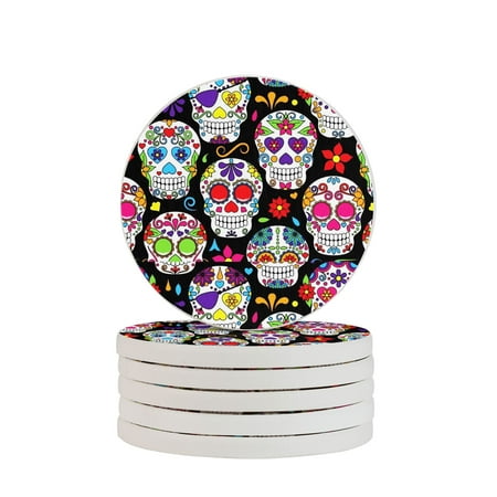 

Circular Drink Coasters Set Cute Sugar Skulls Beautiful Home Decor Diatomite Heat-Resistant Diatomite Protect Table Countertop