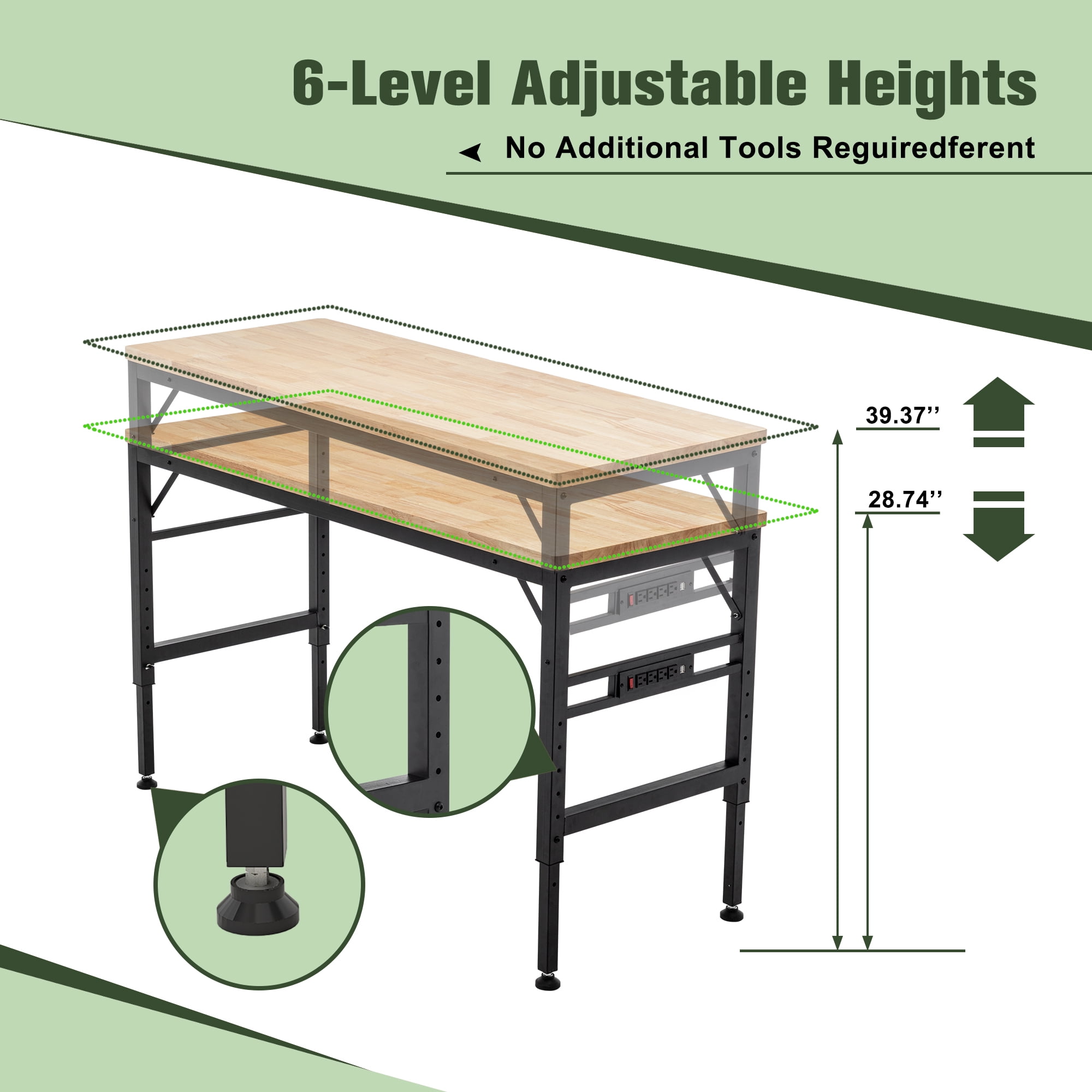Adjustable Height Workbench, 60" Rubber Wood Top Heavy Duty Workstation with Power Outlets, 2000 LBS Load Capacity Hardwood Worktable for Workshop, Garage, Office, Home, Commercial