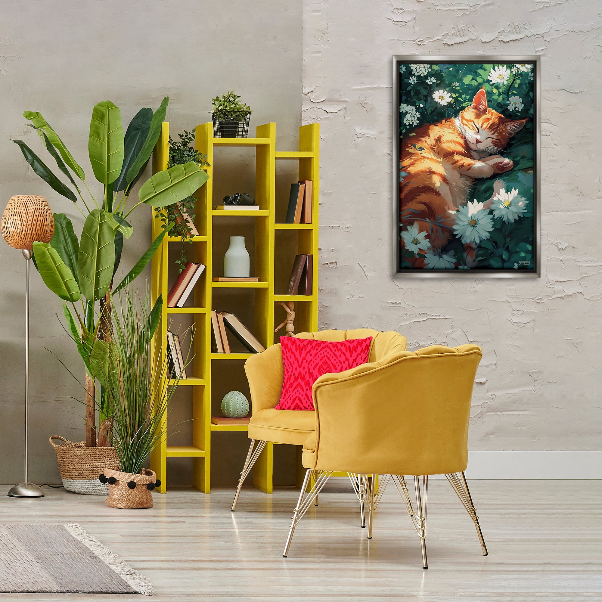 Stupell Industries Cat Sleeping in Meadow Animals & Insects Painting Gray Floater Framed Canvas Art Print Wall Art, 21 x 31