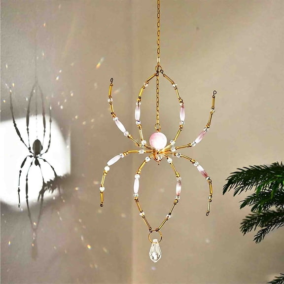Handmade Pink Beaded Spider Suncatcher, Crystal Rainbow Maker Window Hanging Ornament, Gold Wire Wrapped Gemstone Spider Wall Pendant Decor Gift for Home Bedroom Window Garden Door