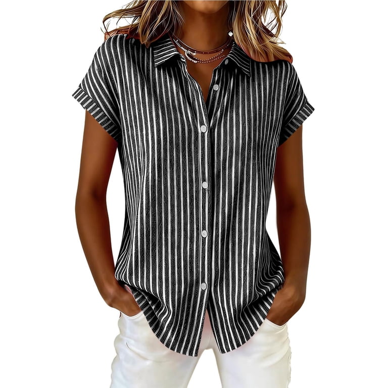 summer dress shirts women's Yievot Womens Button Down Shirts Cotton Linen Striped Dress Shirt Short  Sleeve Collared Office Work Blouses Summer Tops