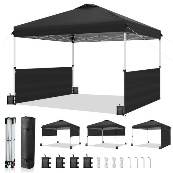 Ktaxon 10x10 Ez Pop Up Canopy Tent,Outdoor Sun Shade Shelter,Outdoor Gazebo,One Push Setup with 2 Half Sidewalls,1 Roller Bag,4 Sandbags,UPF50  - Black