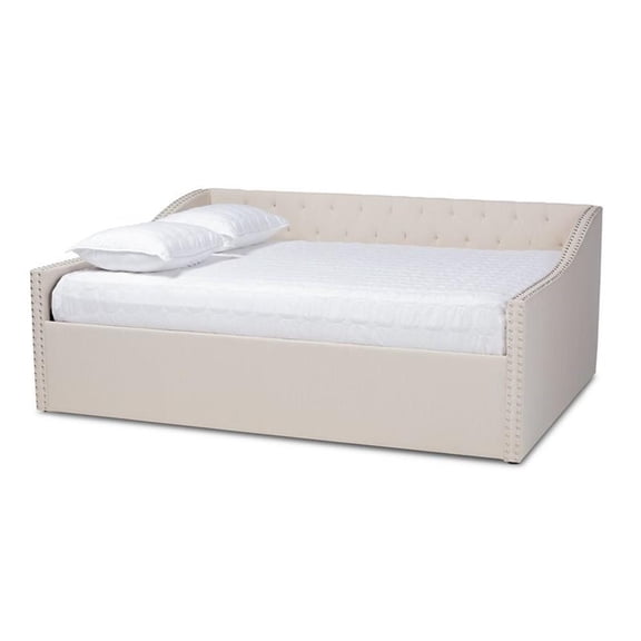 Bowery Hill Modern Fabric Queen Size Daybed with Silver Nail head Trim in Beige