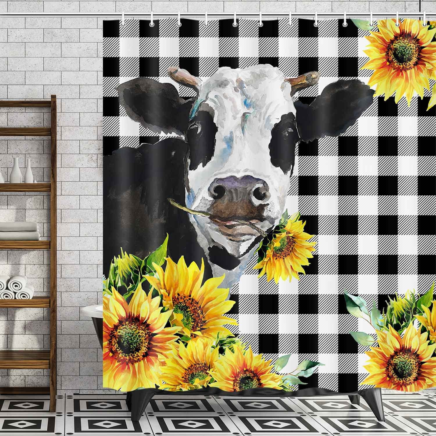 Farmhouse Cow Shower Curtain, Buffalo Check Plaid Fabric Shower Curtains for Bathroom, Cow with Sunflower Floral Decor Bath Curtains Set with Hooks 70 x 70 Inches