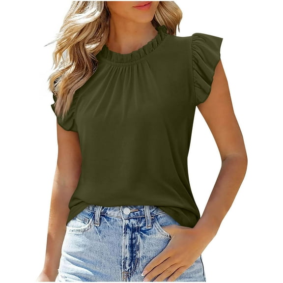 bnaln Womens Summer Tank Tops Crew Neck Ruffled Sleeveless Babydoll Peplum Tops Elegant Tunic Shirts Loose Fit Casual Camisole Vest Basic Cami Shirts Beach Vacation Trendy Outfits