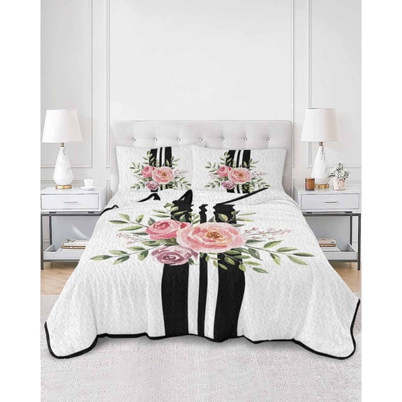 Quilts King Size, Pink Flowers Soft Comforter Bedding Set for Bed, Romantic Floral Leaves Black Striped Lightweight Quilted Bedspread with Pillow Cover(2 Pieces) for All Season, 96x106 Inch