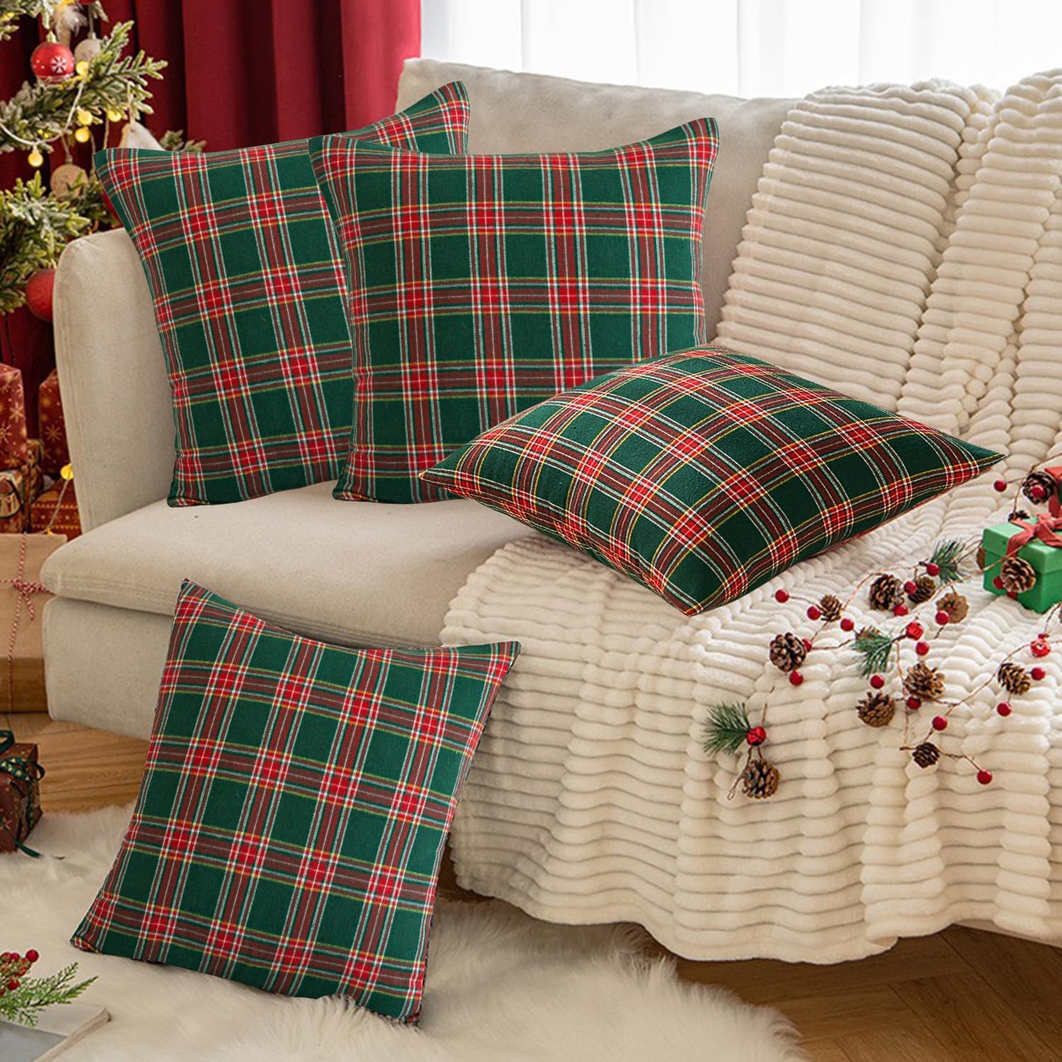 Christmas Pillow Cover 18x18 Set of 4 - Green Tartan Checkered Throw Pillow Cover, Farmhouse Buffalo Plaid Xmas Decorative Cushion Case for Couch Sofa, Christmas Holiday Decor