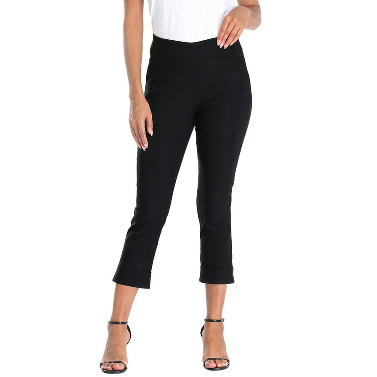 HDE Pull On Capri Pants For Women with Pockets Elastic Waist Cropped Pants  Black - M