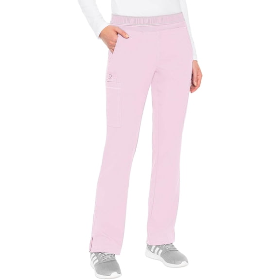 Med Couture Women's Yoga Pull-On Pant with 7 Pockets Ultra-Soft Rib-Knit Waistband and 2-Way Stretch Technology - MC7739P, L Petite, Ice Pink