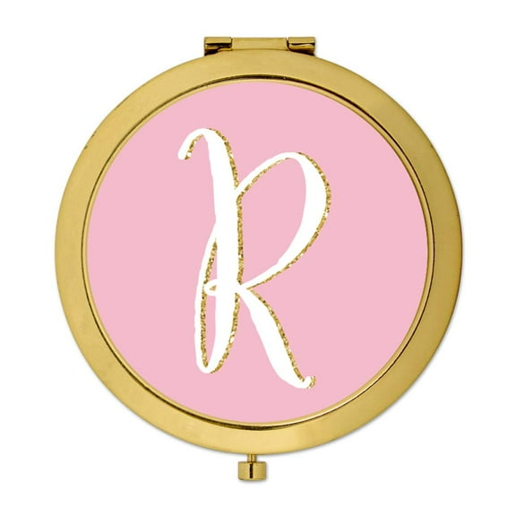 Koyal Wholesale Gold Compact Mirror Bridesmaid's Wedding Gift, Blush Pink Faux Gold Glitter, Monogram Letter R, 1-Pack
