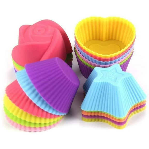 GIXUSIL 24 Pack 2 inch Mini Silicone Cupcake Liners Reusable Baking Cups Nonstick Pastry Muffin Molds 6 Colors 4 Shapes (Round, Star, Heart, Flower)Multicolor