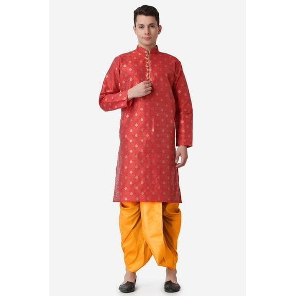 Royal Kurta Jacquard Silk Printed Maroon Kurta Mustard Dhoti Set for Men
