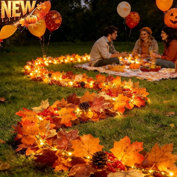 Tryvkinvive Fall Decor Large Maple Leaves Garland with Lights 5.9Ft Halloween Decorations,Prelit Artificial Leaves & Pumpkins Garland Hanging Vine for Mantle Harvest Thankgiving Table Indoor Outdoor