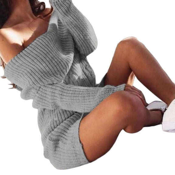 GENEMA Women Autumn Long Sleeve Sexy Off the Shoulder Mini Sweater Dress Simple Solid Color Slim Package Hip Pullover Knitted Tunic Streetwear